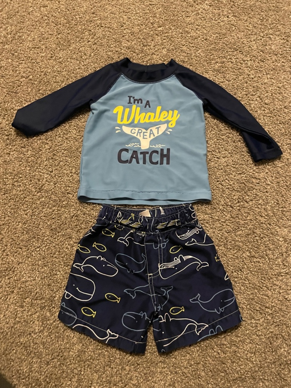 Carter's Navy and Light Blue Whale Swim Trunks with Rashguard Set